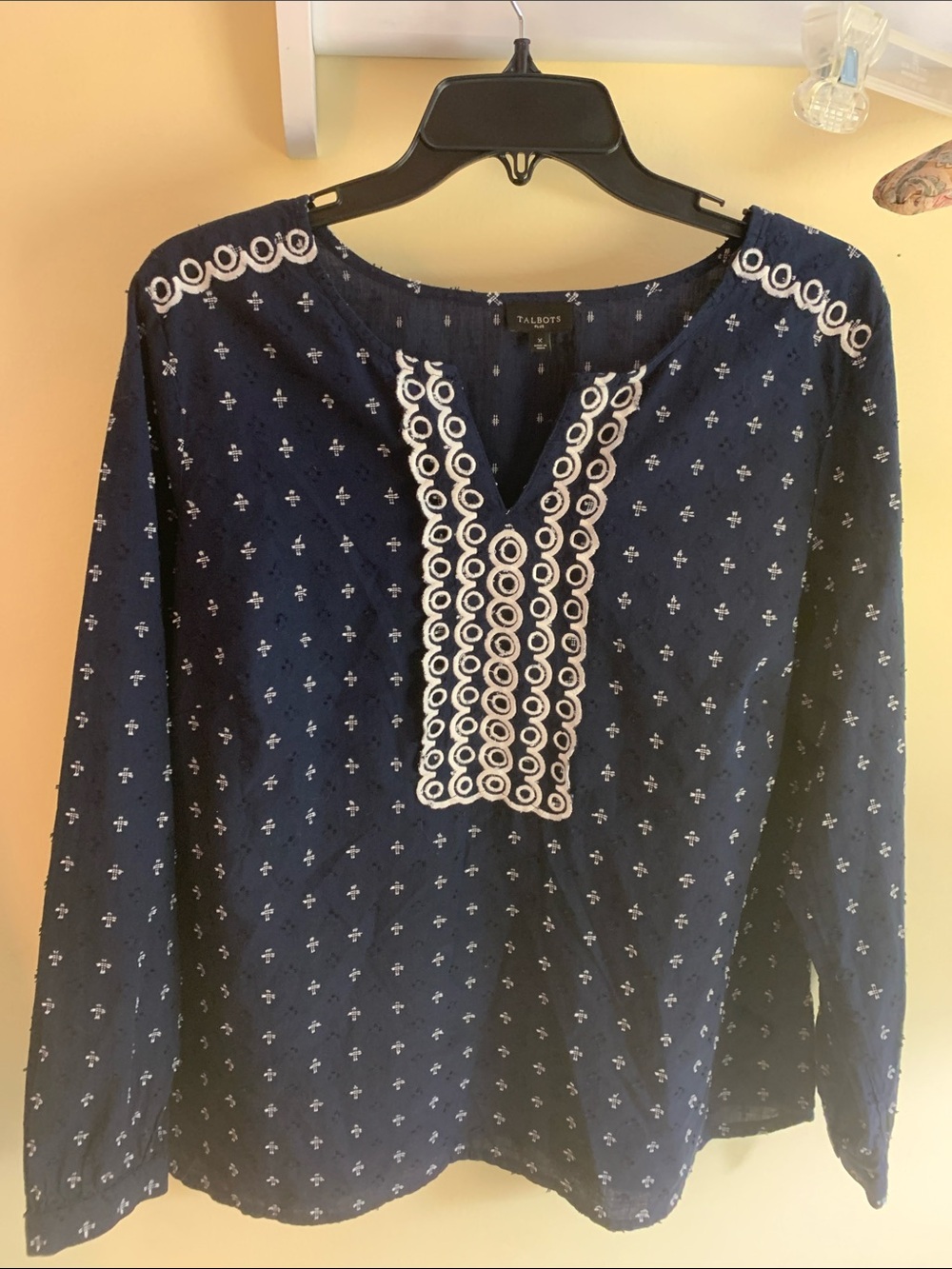 Talbots Navy Blue Long-Sleeve Tunic with White Embroidered Placket